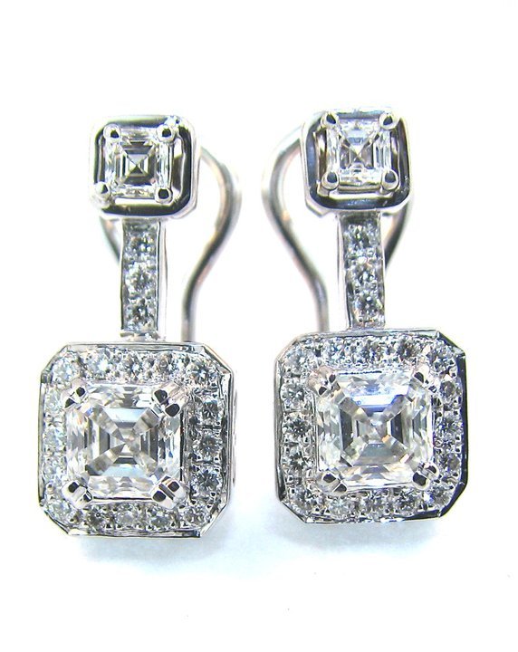 Custom Asscher Cut Diamond Earrings in Platinum