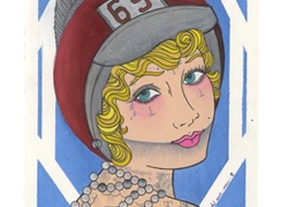 Behind Blue Eyes by Rachel Anne Fine Tattoo Art Giclee Waterpaper Roller Derby Girl Print