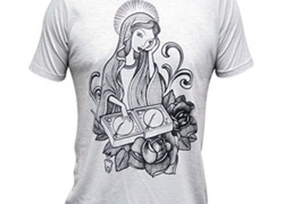 DJ Virgin Mary Scratching Turntable by Whitney Lenox Men's Tattoo T Shirt