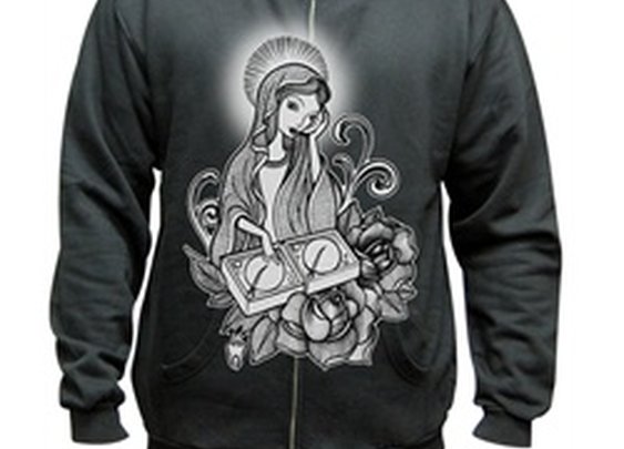 DJ Virgin Mary Scratching Turntable by Whitney Lenox Men's Tattoo Hoodie
