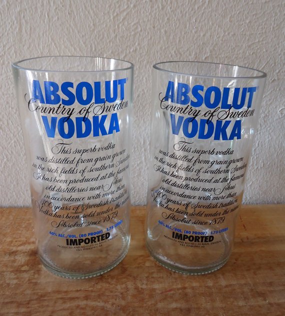 Drinking Glasses Recycled from Large Absolut Vodka Handle Bottles by