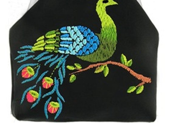 Lavishy Embroidered Peacock Kisslock Vegan Black Coin Purse