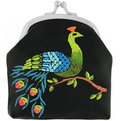Lavishy Embroidered Peacock Kisslock Vegan Black Coin Purse
