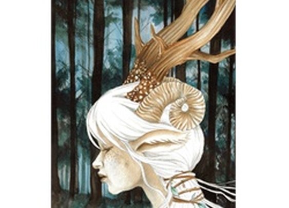 Before Dawn by Rachel Walker Woman with Deer and Ram Antlers Art Print