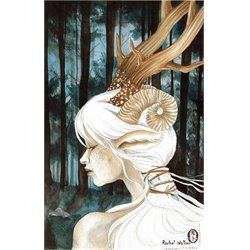 Before Dawn by Rachel Walker Woman with Deer and Ram Antlers Art Print
