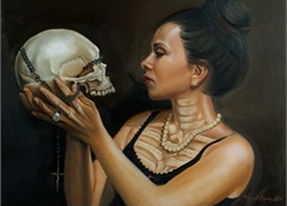 Nueva Vida by Miguel Camarillo Woman Skull and Rosary Canvas Art Print