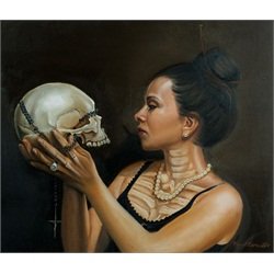Nueva Vida by Miguel Camarillo Woman Skull and Rosary Canvas Art Print