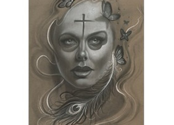 Vida by Miguel Camarillo Womans Face w Feather Canvas Fine Art Print