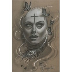 Vida by Miguel Camarillo Womans Face w Feather Canvas Fine Art Print