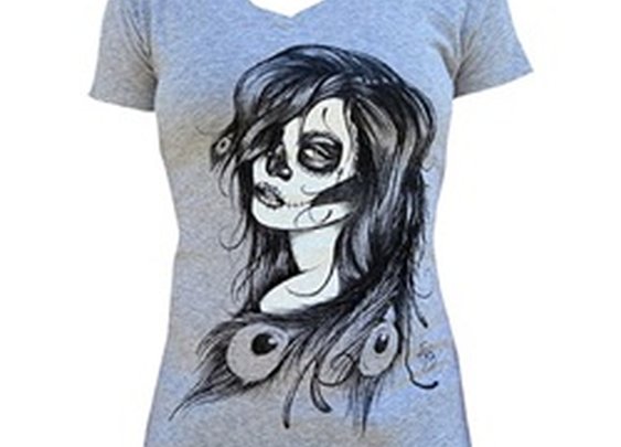 Juniors Dead Feathers by Gary Shepherd Day of the Dead V-Neck T Shirt