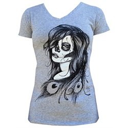 Juniors Dead Feathers by Gary Shepherd Day of the Dead V-Neck T Shirt
