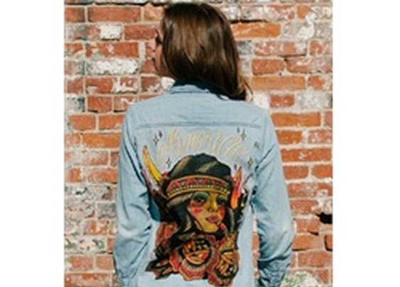 Womens America by Johnny Gargan Indian Girl Tattoo Denim Button-Up Shirt