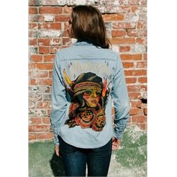 Womens America by Johnny Gargan Indian Girl Tattoo Denim Button-Up Shirt