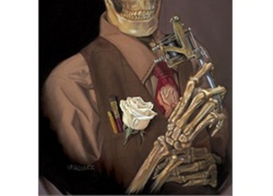 Old Timey by Anthony Velasquez Skeleton w Tattoo Gun Canvas Art Print