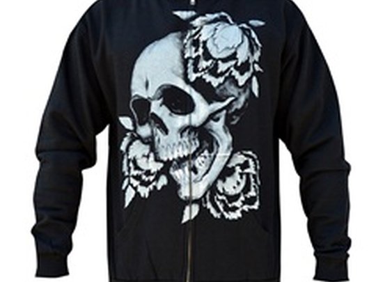 Mens Rebirth by Clark North Artist Skull and Peony Flower Black Hoodie