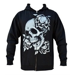 Mens Rebirth by Clark North Artist Skull and Peony Flower Black Hoodie
