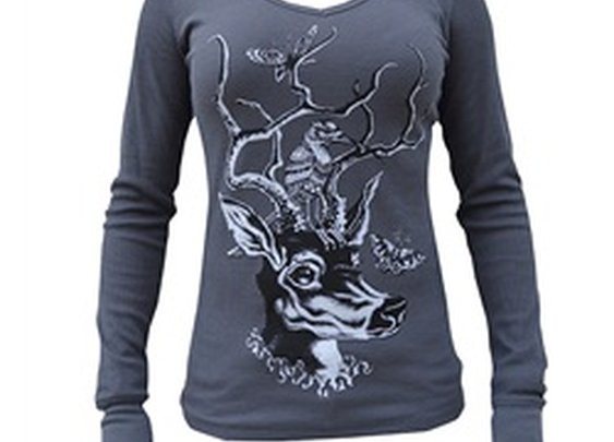 Juniors Oh Deer by Nolan Newbury Antlers V-Neck Charcoal Thermal Shirt