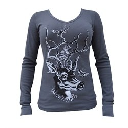 Juniors Oh Deer by Nolan Newbury Antlers V-Neck Charcoal Thermal Shirt