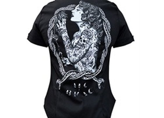 Juniors Eve by Jarad Bryant Tattooed Woman Short Sleeve Black Blouse