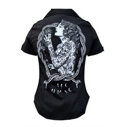 Juniors Eve by Jarad Bryant Tattooed Woman Short Sleeve Black Blouse