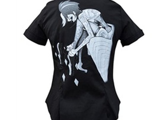 Juniors Muse by Tyson McAdoo Tattooed Woman Short Sleeve Black Blouse