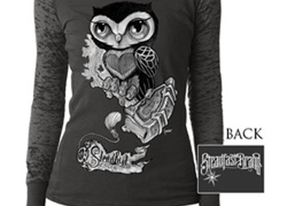 Womens Juniors Owl by Gunnar Gaylord Tattoo Sheer Long Sleeve T-Shirt
