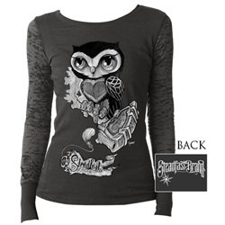 Womens Juniors Owl by Gunnar Gaylord Tattoo Sheer Long Sleeve T-Shirt