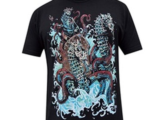 Neptune by David Lozeau Skeleton King Riding Octopus w Seahorses Tee