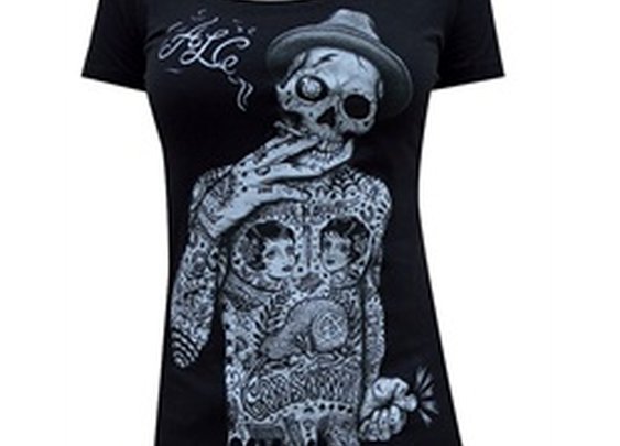 Womens Geezer by Jarad Bryant Tattooed Skeleton Scoop Neck T-Shirt