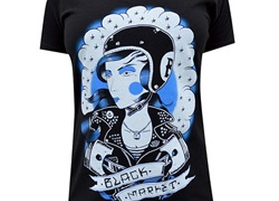 Womens Zoe by Adi Black Market Tattoo Motorcycle Rider V-Neck T Shirt