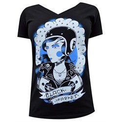 Womens Zoe by Adi Black Market Tattoo Motorcycle Rider V-Neck T Shirt