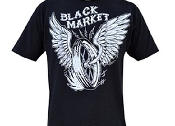 Mens Wired by Adi Motorcycle Wheel with Wings Tattoo Art Black T Shirt