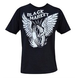 Mens Wired by Adi Motorcycle Wheel with Wings Tattoo Art Black T Shirt