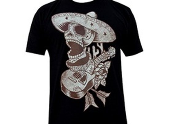 Mens Mariachi by Adi Day of the Dead Skeleton Tattoo Art Black T Shirt