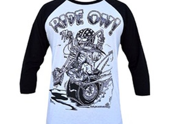 Mens Ride On by Rob Dringenberg Chopper Kustom Kulture Baseball Tee