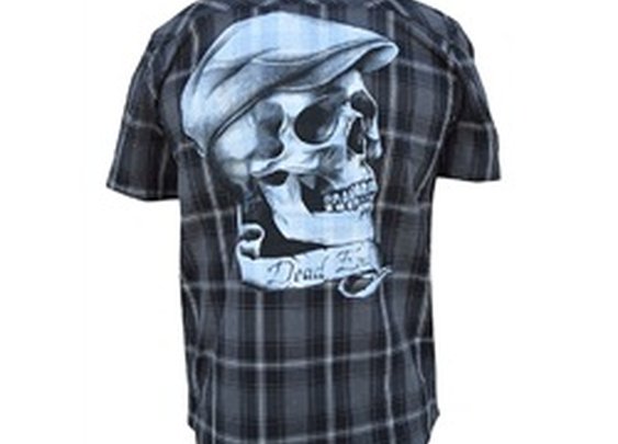 Mens Dead End by Leon Morley Skull w Cap Tattoo Plaid Button Up Shirt
