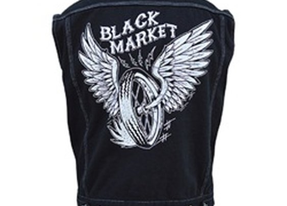 Mens Wired by Adi Black Market Motorcycle Wings Tattoo Art Denim Vest