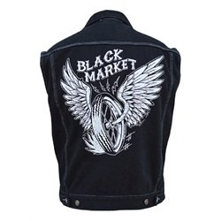 Mens Wired by Adi Black Market Motorcycle Wings Tattoo Art Denim Vest