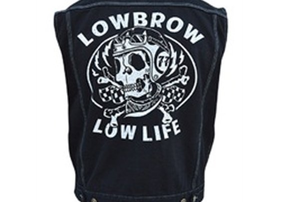 Mens Low Life by Adi Lowbrow Motorcycle Skull Tattoo Black Denim Vest