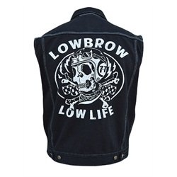 Mens Low Life by Adi Lowbrow Motorcycle Skull Tattoo Black Denim Vest