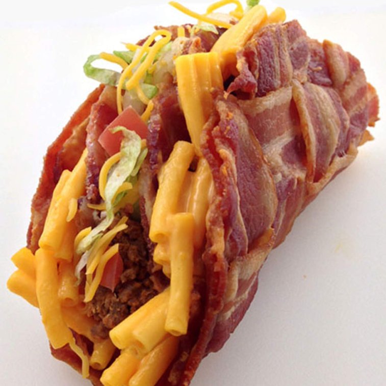 Dude Foods - The Double Decker Mac 'n Cheese Stuffed Bacon Weave Taco - Thrillist Nation