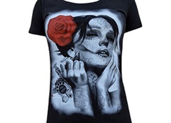 Womens Dead Queen by Charlie Medina Day of the Dead Tattoo Gun T Shirt