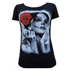 Womens Dead Queen by Charlie Medina Day of the Dead Tattoo Gun T Shirt