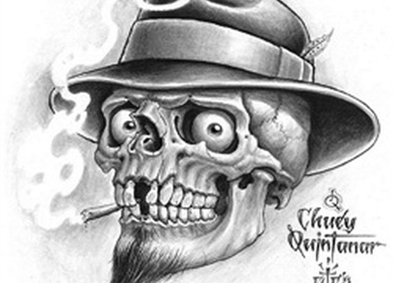 Vato Skull by Chuey Quintanar Smoking w Fedora Tattoo Canvas Art Print