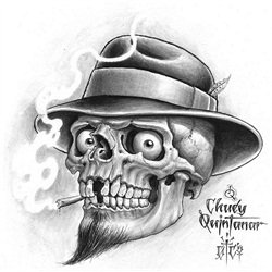 Vato Skull by Chuey Quintanar Smoking w Fedora Tattoo Canvas Art Print