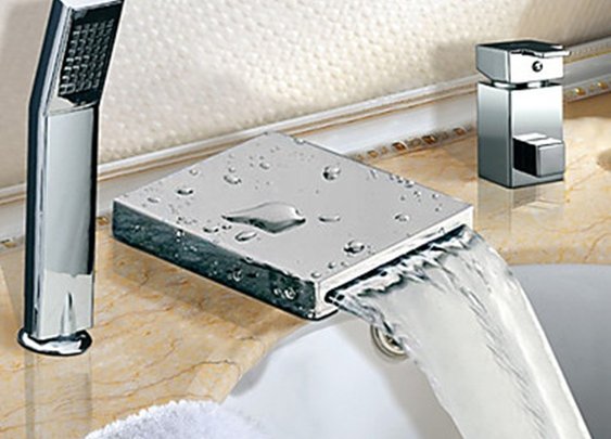 Chrome Finish Contemporary Widespread Waterfall Two Handles Tub Faucet With Handshower - FaucetSuperDeal.com