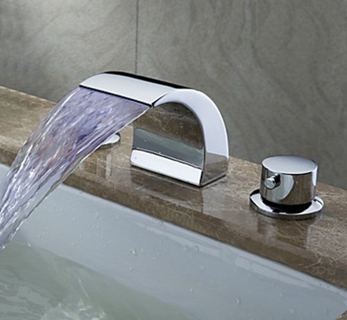 Chrome Finish LED Waterfall Contemporary Widespread Bathroom Sink Faucet - FaucetSuperDeal.com