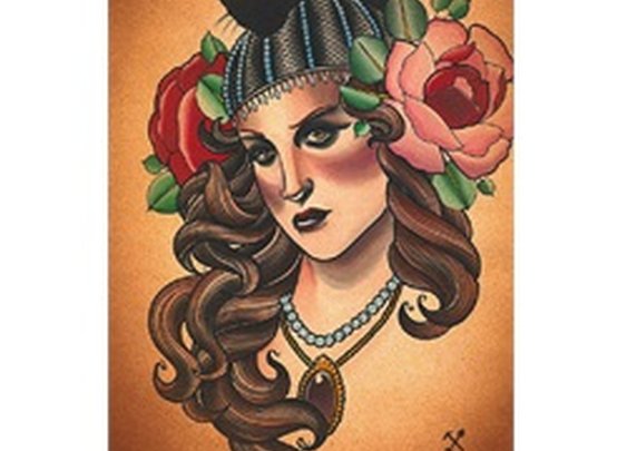 Black Cat by Charlie Coffin Woman's Portrait Tattoo Canvas Art Print