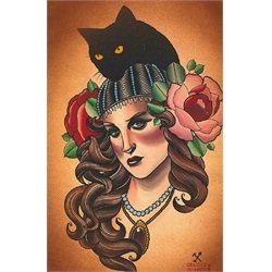 Black Cat by Charlie Coffin Woman's Portrait Tattoo Canvas Art Print