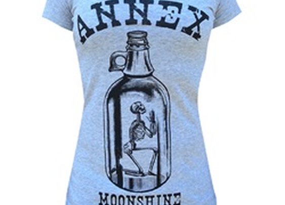 Women's Moonshine by Annex Praying Skeleton in Liquor Bottle T Shirt